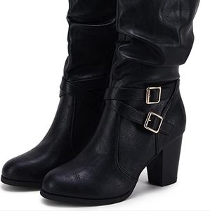 Ermonn Womens Mid Knee High Boots Chunky Heel Slouchy Metal Buckle Side Zipper